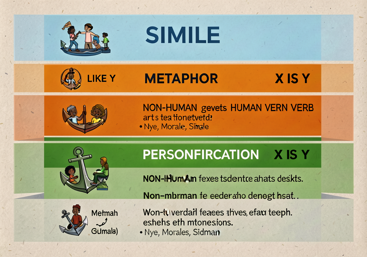 Portion of MG-14 anchor at 11x17 showing top 3 bands: SIMILE (light blue), METAPHOR (orange), PERSONIFICATION (green). E