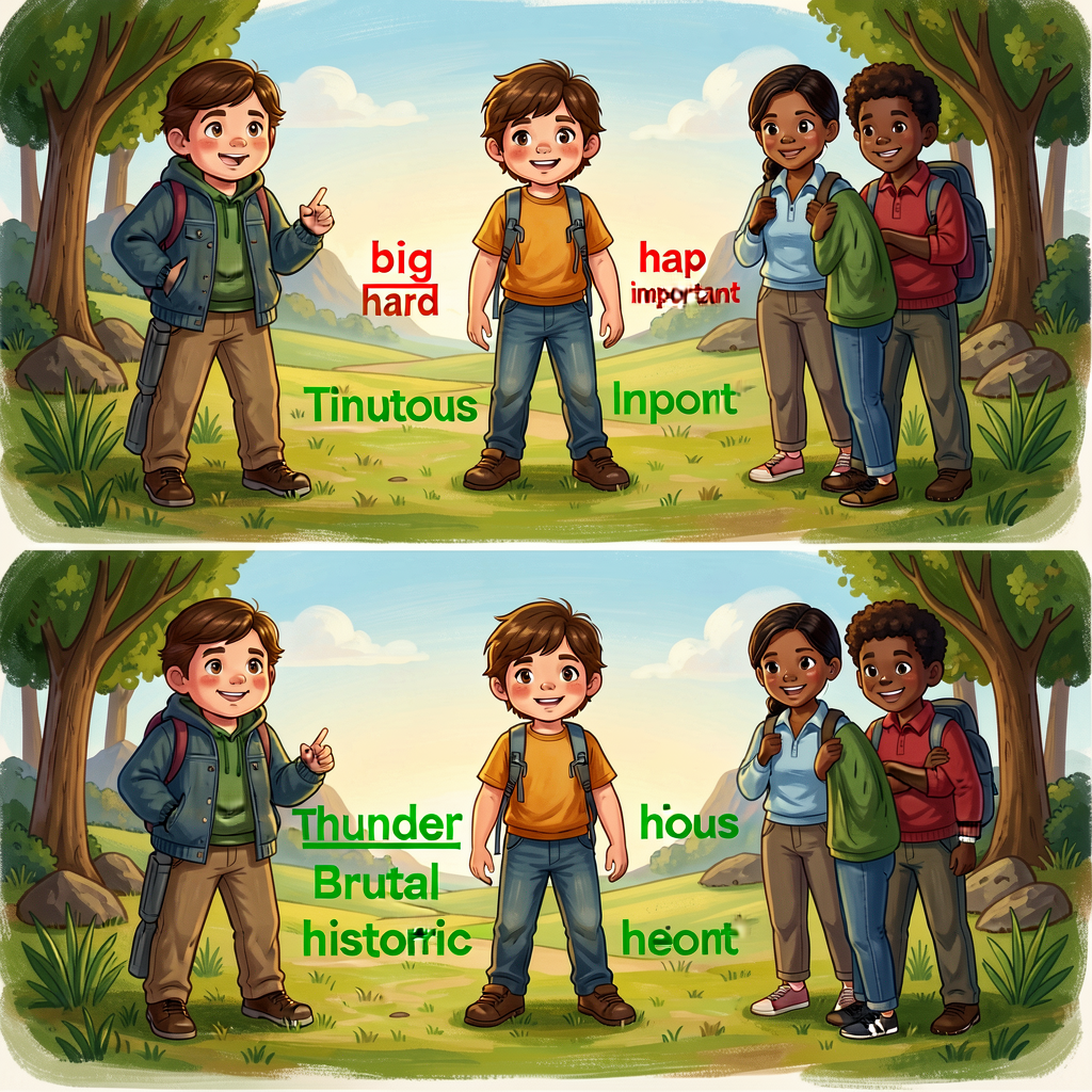 Reference image of 3 sentences shown twice — once with vague word (red underlined: 'big', 'hard', 'important') and once 