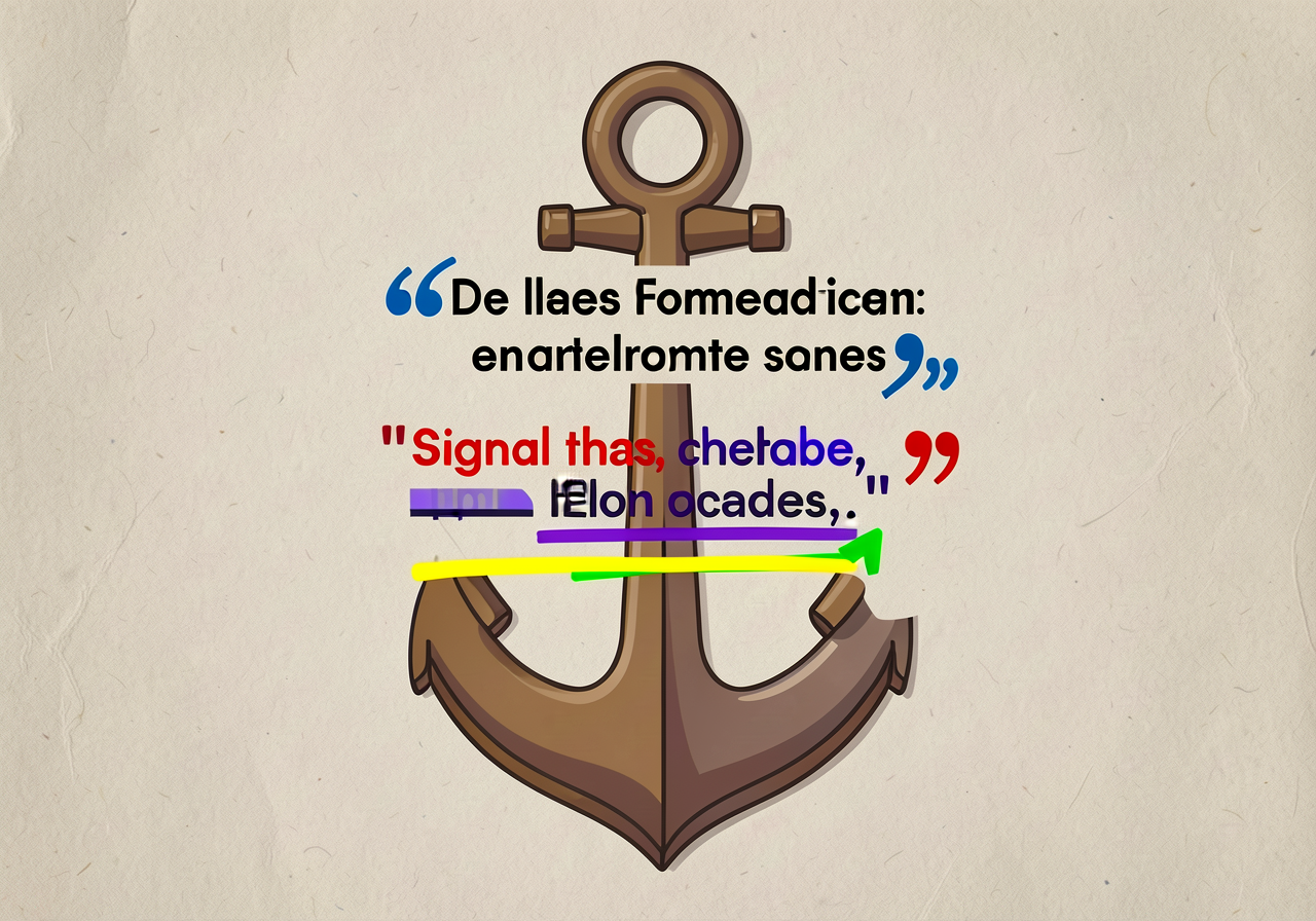 11x17 anchor showing one fully embedded quote with all 4 mechanics marked: quotation marks circled blue, comma after att