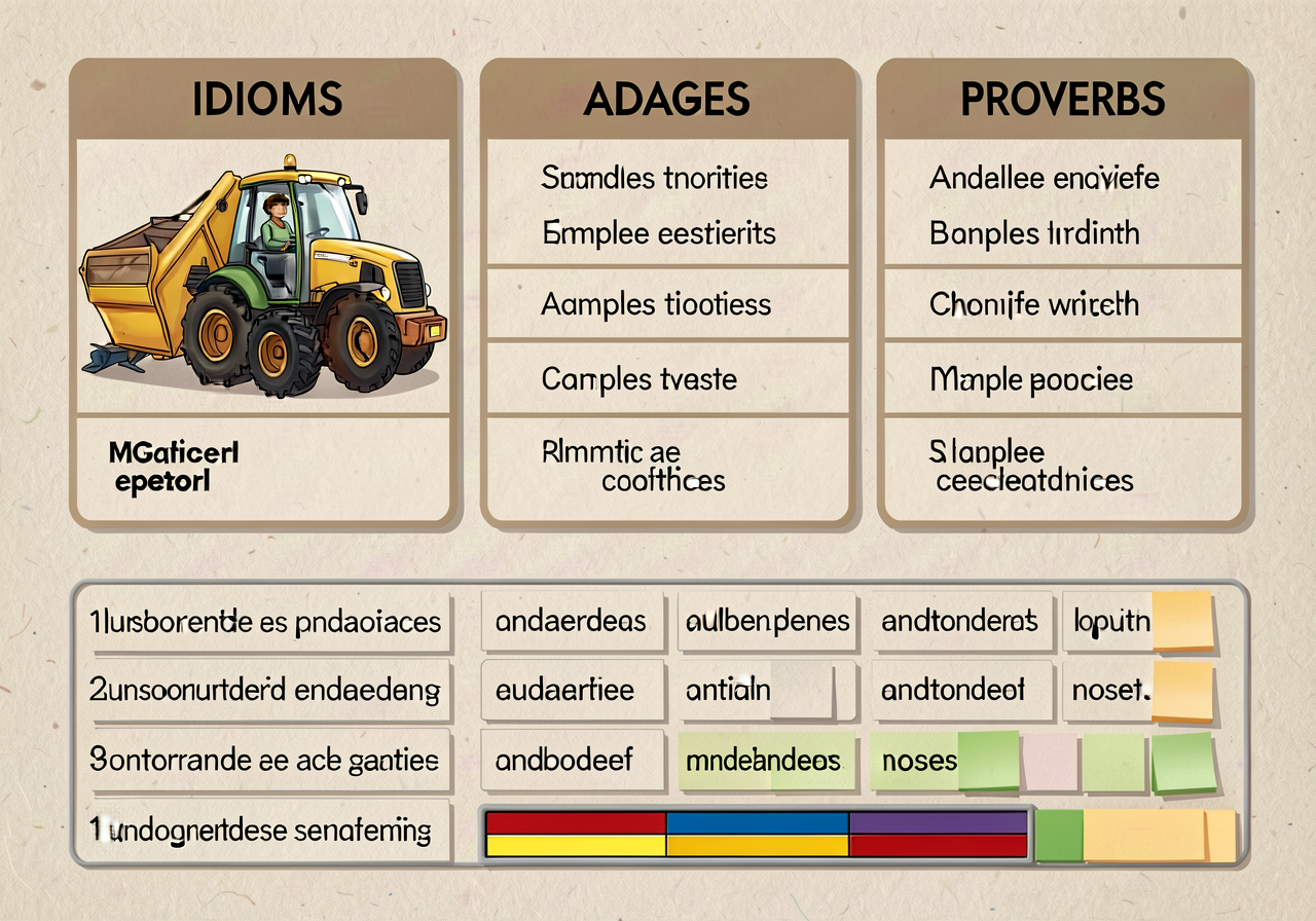 Reproduction of MG-21 at 11x17: 3-column sort board labeled IDIOMS / ADAGES / PROVERBS with 4 example phrases pre-sorted