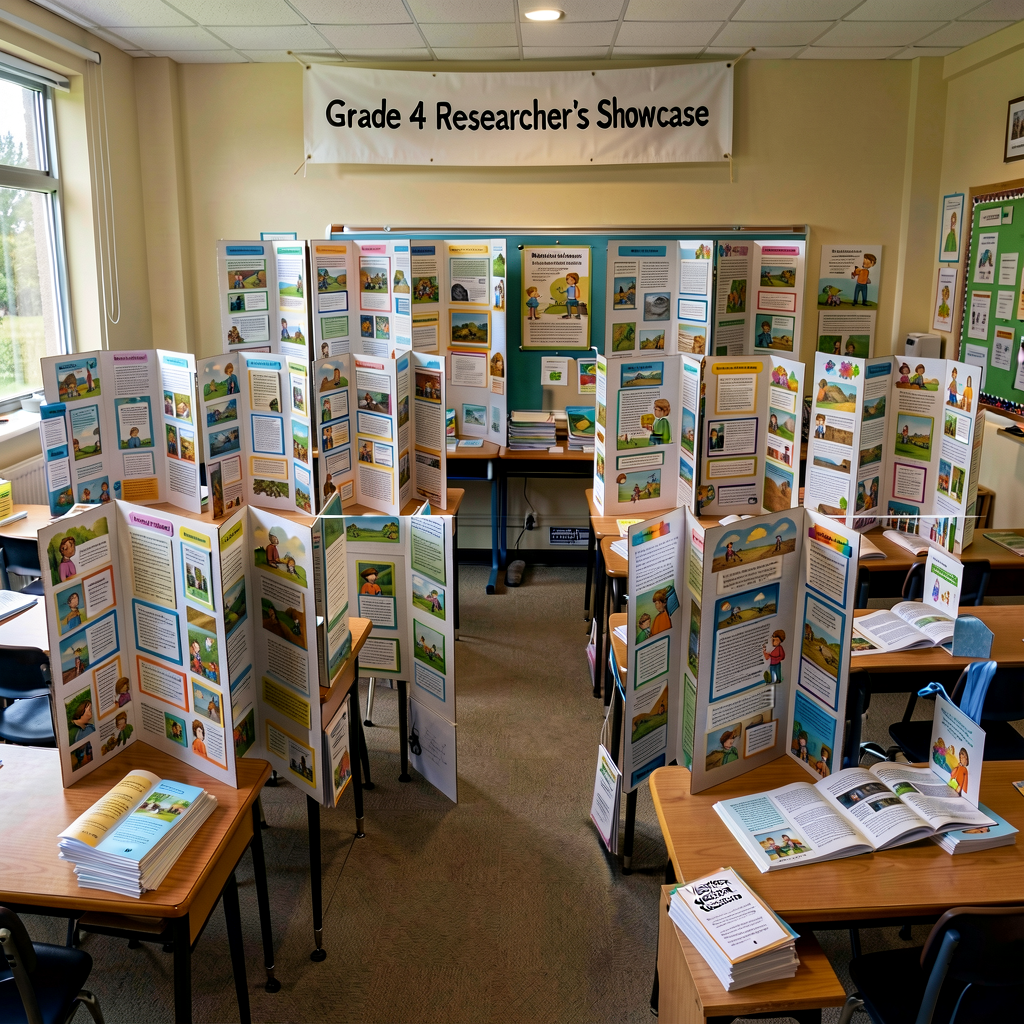 Photo grid of a Researcher's Showcase classroom setup: 24 tri-fold display boards arranged on desks around the room, eac