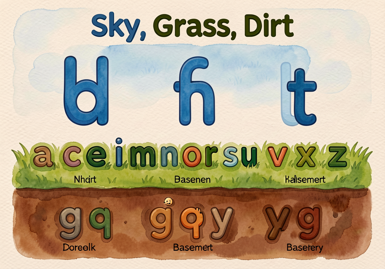 Wall chart 'Sky, Grass, Dirt' with three-line paper visualized at 3x size. Tall letters (b, d, f, h, k, l, t) shown TOUC