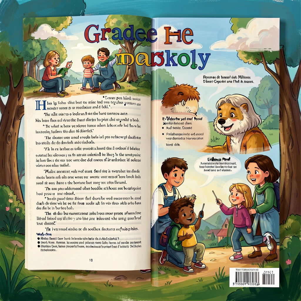 Reference image of a Grade-4 publication booklet — cover, interior 5-7 paragraph essay, works-cited page, evidence panel