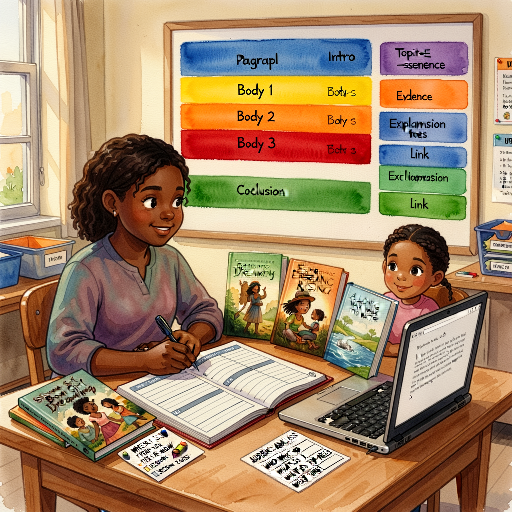 Unit-opener: a Grade-5 essayist at an essayist's-workshop table with a 5-paragraph essay planner open, a thesis-with-thr