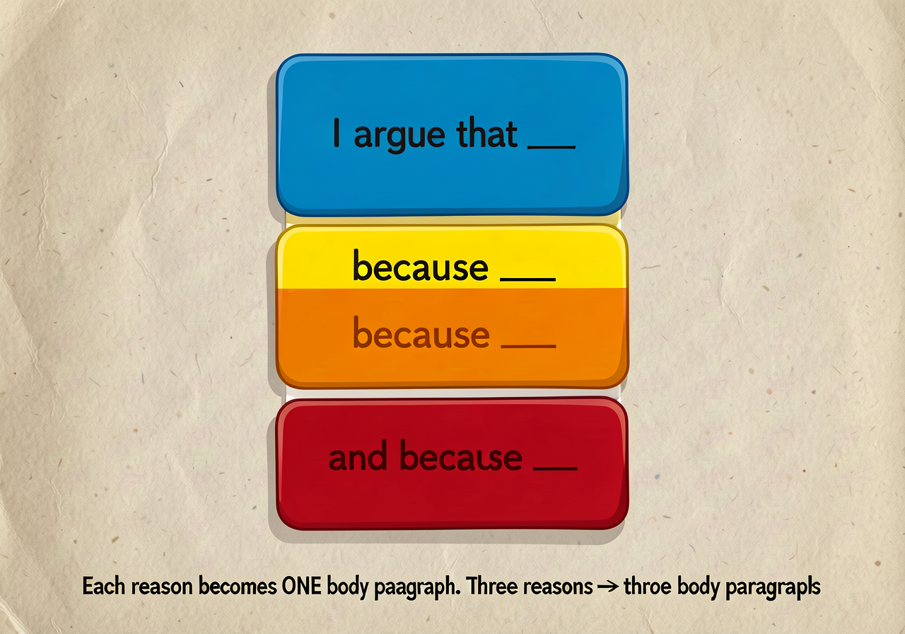 Thesis-with-three-reasons anchor: a stacked card showing three slots. POSITION (blue, top): 'I argue that ___.' REASON 1