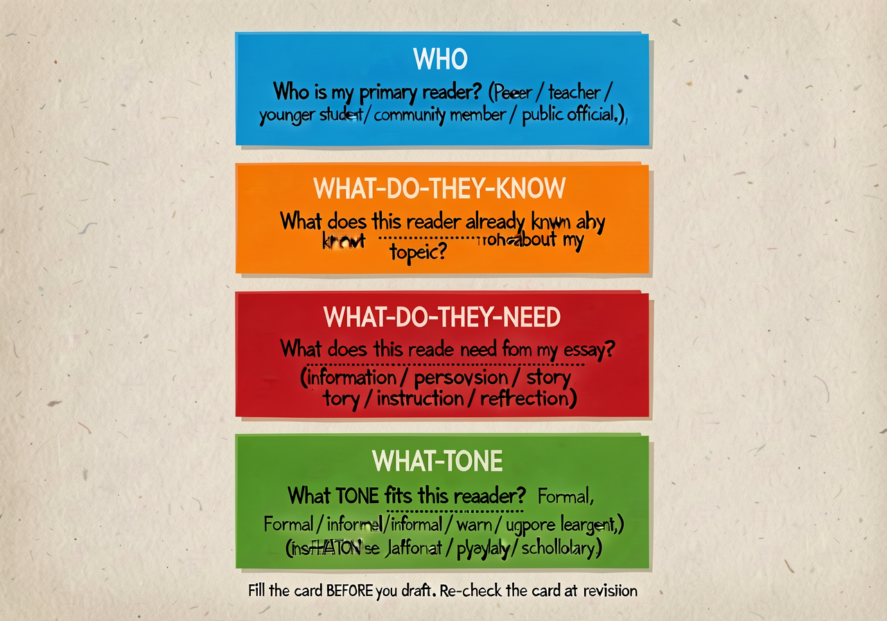 Audience-analysis card anchor: 4-question card. WHO (blue, top): 'Who is my primary reader? (Peer / teacher / parent / y