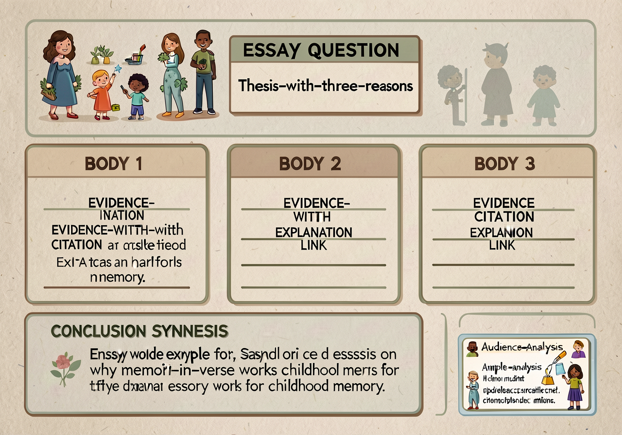 5-paragraph essay planner template: top row = essay question + thesis-with-three-reasons box; middle row = three categor