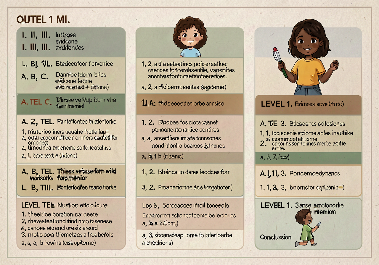 Multi-paragraph outline template (MPO, 4 levels): hierarchical structure. LEVEL 1 (I., II., III.) = section headings (in