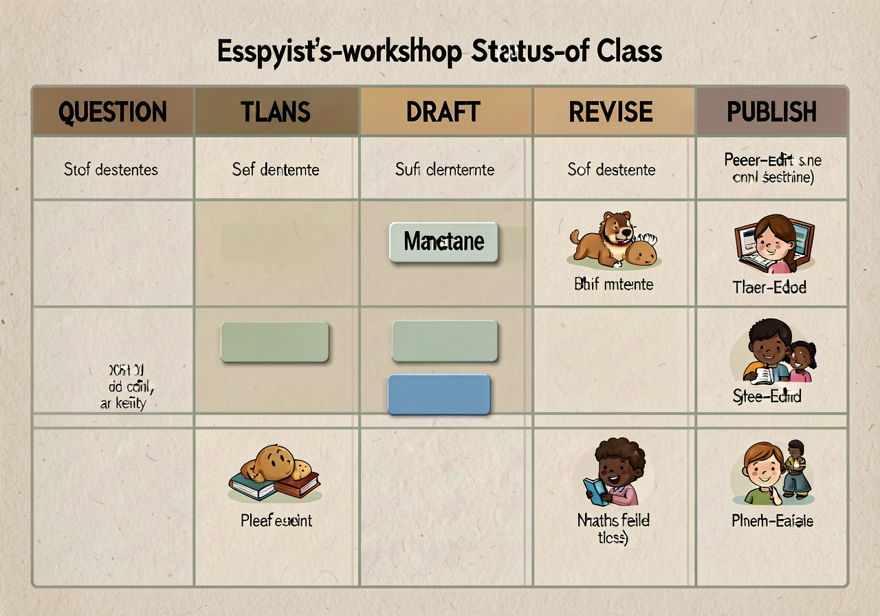Essayist's-workshop status-of-class wall chart: 7-column grid QUESTION | THESIS | PLAN | DRAFT | REVISE | PEER-EDIT | PU