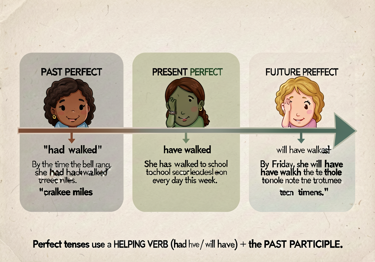 Perfect-verb-tense timeline anchor: a horizontal time arrow with three labeled zones — PAST PERFECT ('had walked' — comp