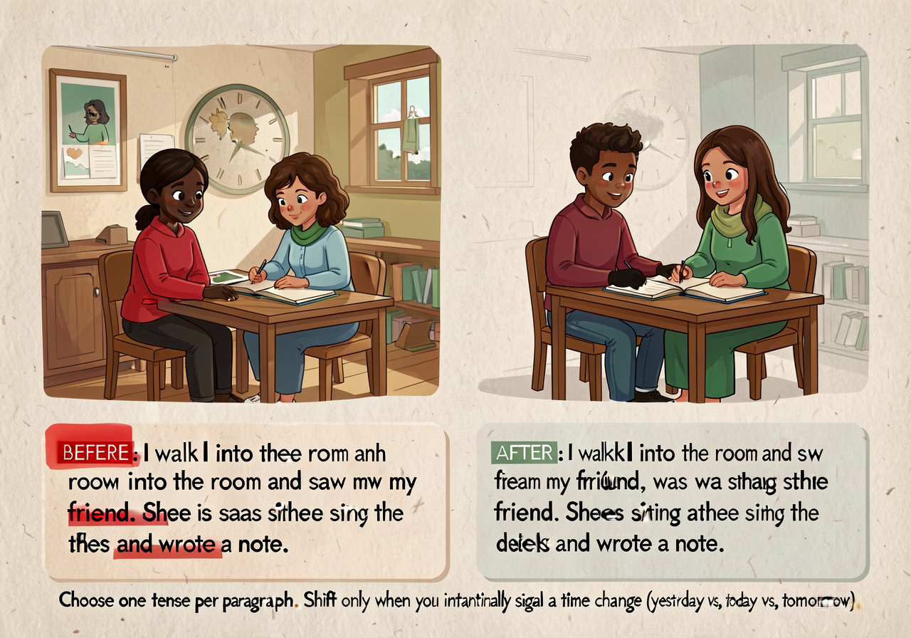 Verb-tense consistency anchor (L.5.1.d): 'Inappropriate shifts in verb tense confuse the reader.' Side-by-side BEFORE/AF