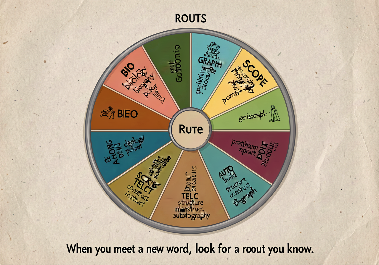 Greek/Latin roots wheel anchor (L.5.4.b): a circular wheel divided into 12 wedges, one per root, each with the root spel