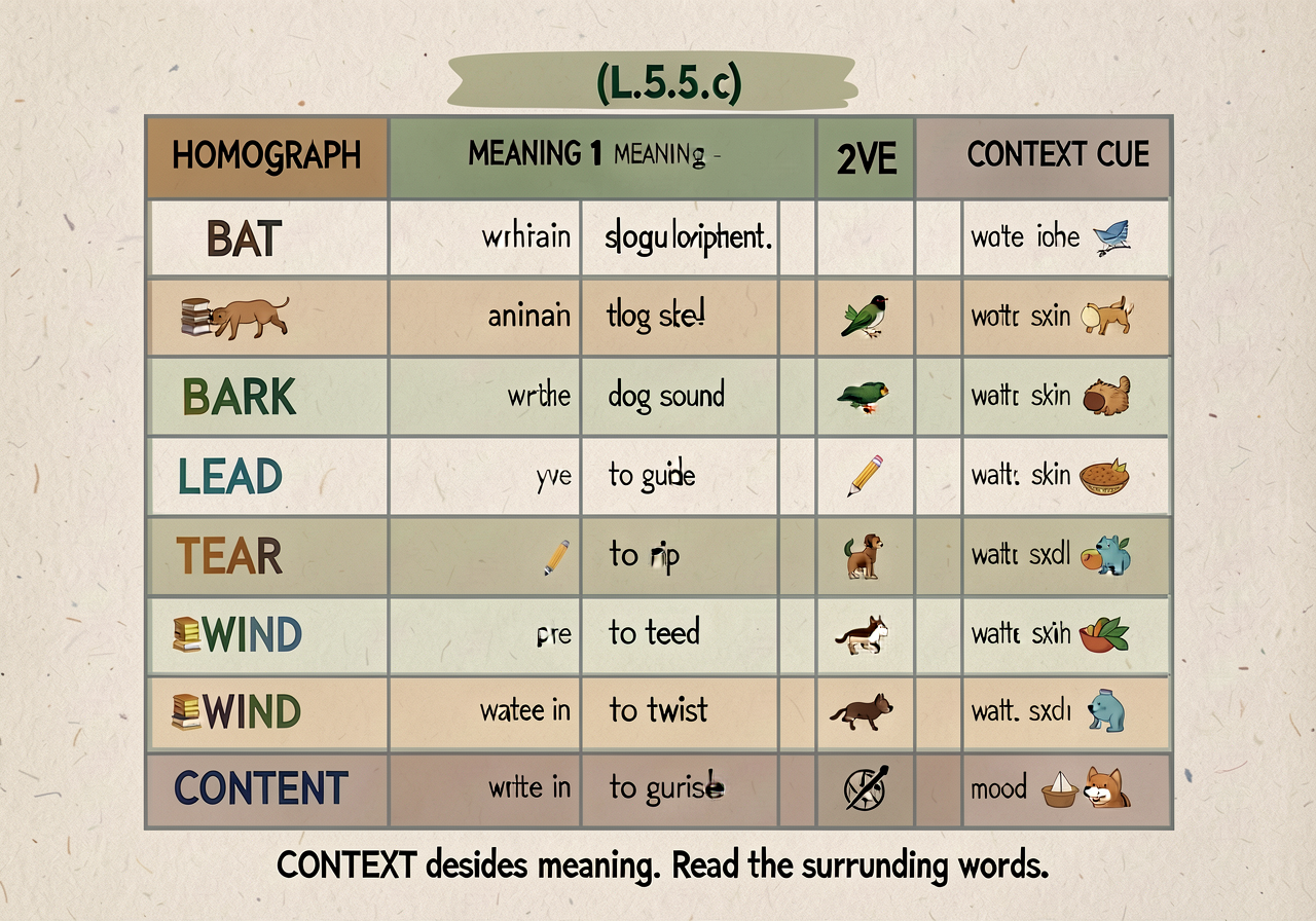 Homograph relationship anchor (L.5.5.c): a 6-row table with HOMOGRAPH | MEANING 1 | MEANING 2 | CONTEXT CUE columns. Row