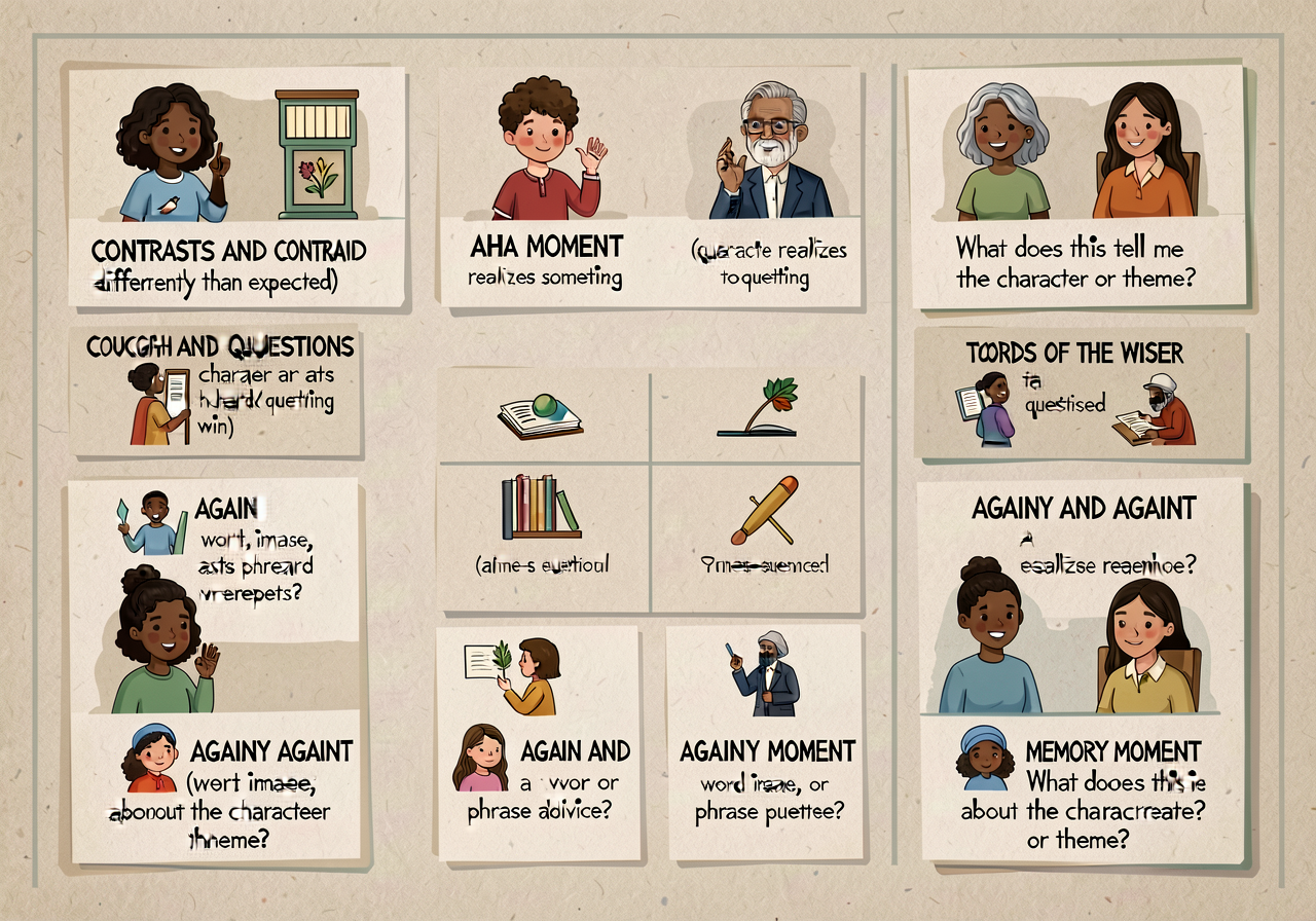 Notice-and-Note signpost cards (Probst & Beers) for literary-essay textual evidence: 6 small cards. CONTRASTS AND CONTRA