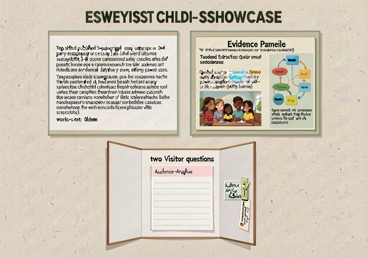 Essayist's-Showcase planning poster: a 3-section card showing the LAYOUT each child uses for the Showcase — TOP LEFT: pu