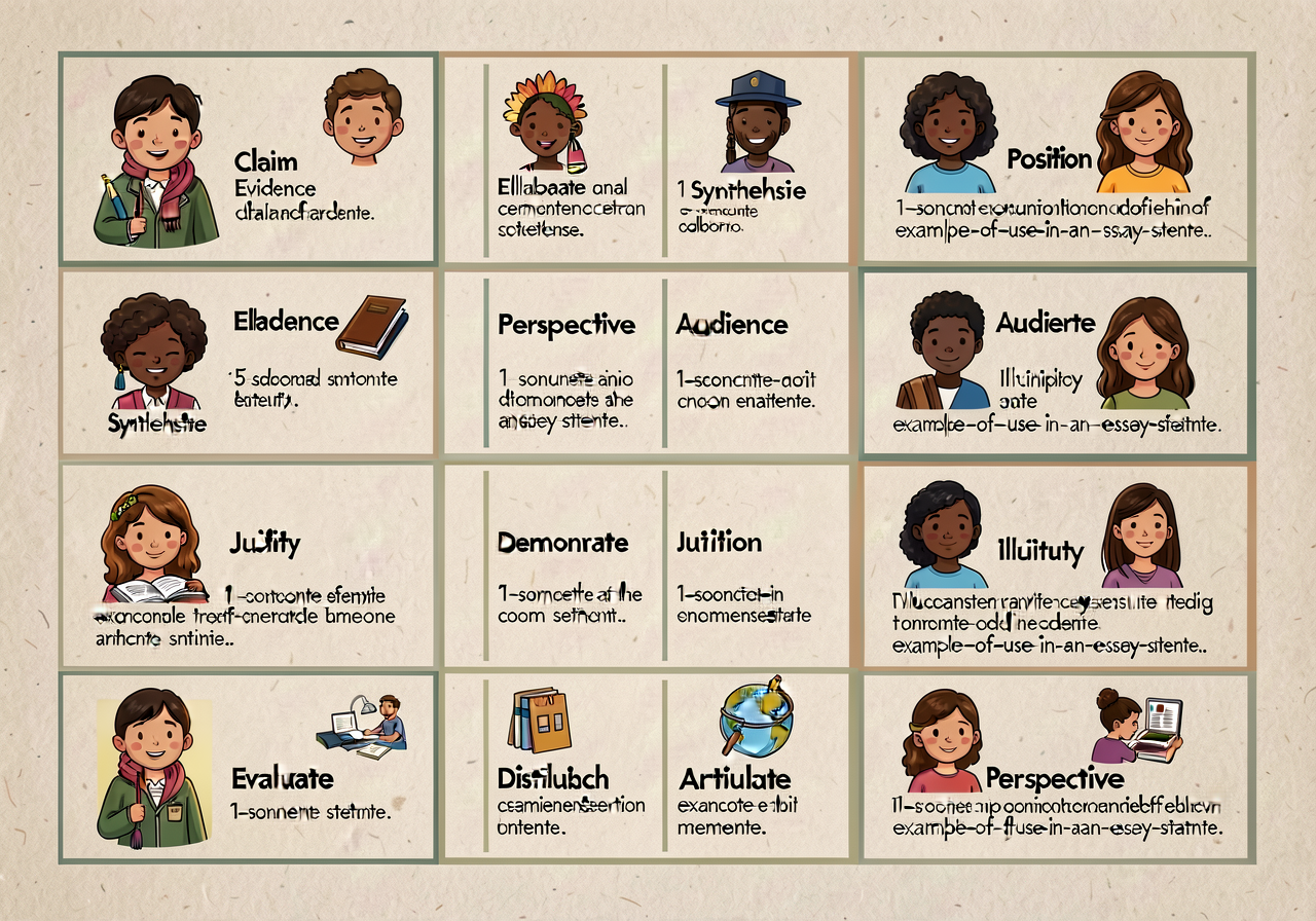 Tier-2 Set 11 academic-essay vocabulary anchor: 15-word grid showing claim, evidence, elaborate, synthesize, position, p