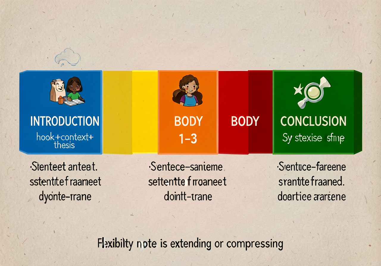 Reproduction of MG-2 at 11x17: horizontal row of 5 color-coded boxes — INTRODUCTION (blue, hook+context+thesis icon), BO