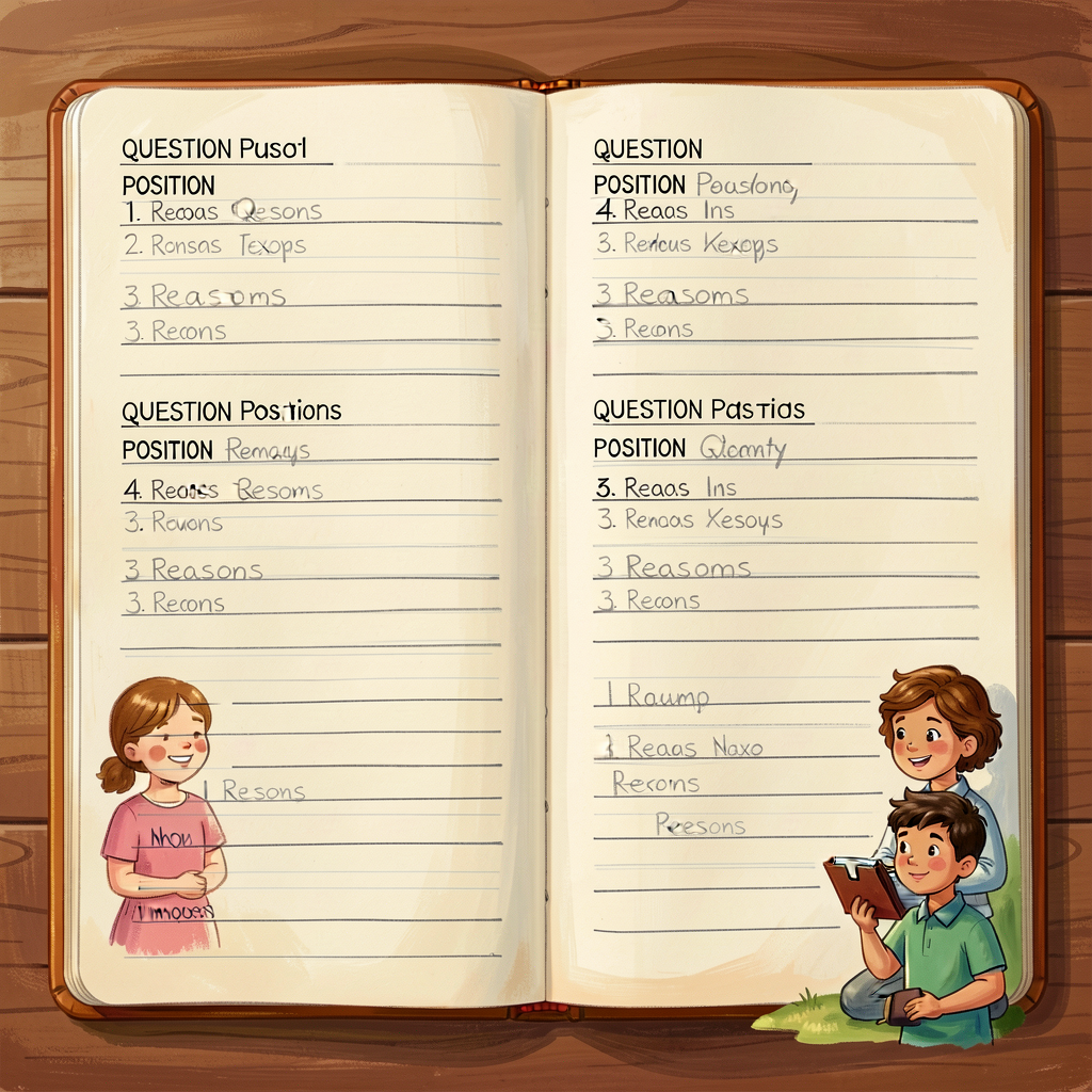 Reference image of a completed Grade-5 essay-question inventory: a 2-page notebook spread with 5 entries handwritten in 