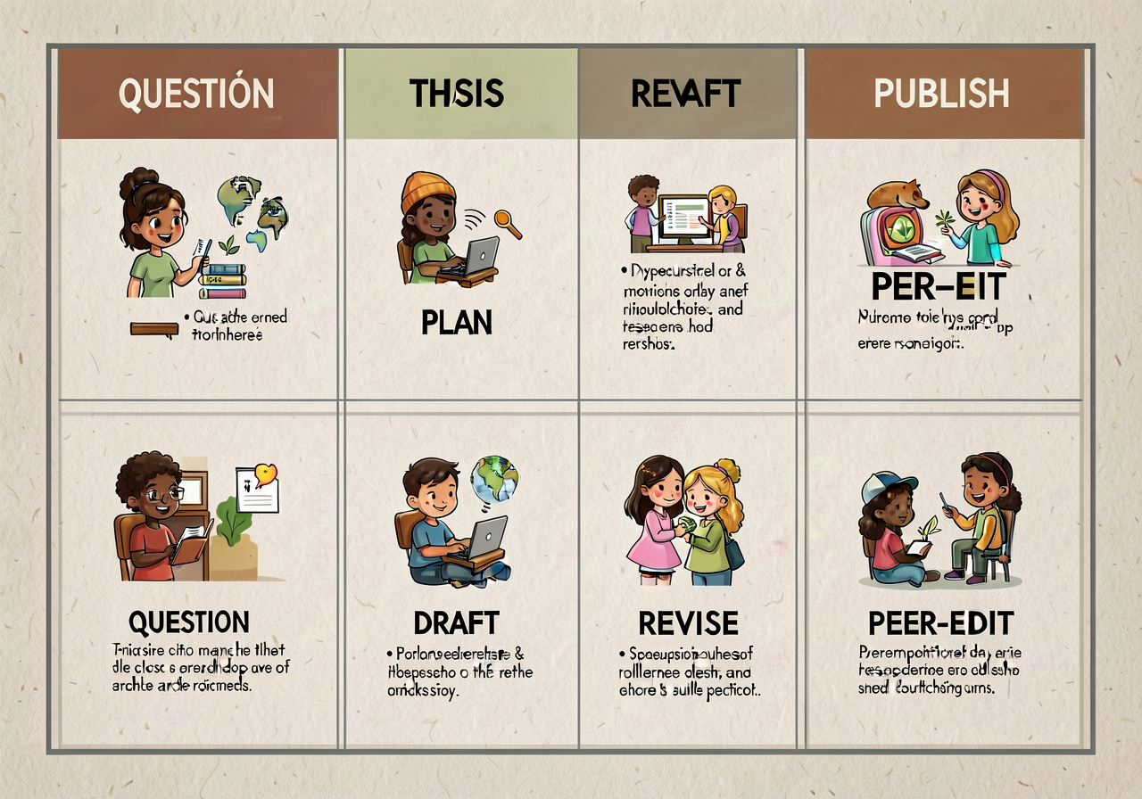 Photo-quality reproduction of MG-10 wall chart at 18x24: 7-column grid QUESTION | THESIS | PLAN | DRAFT | REVISE | PEER-