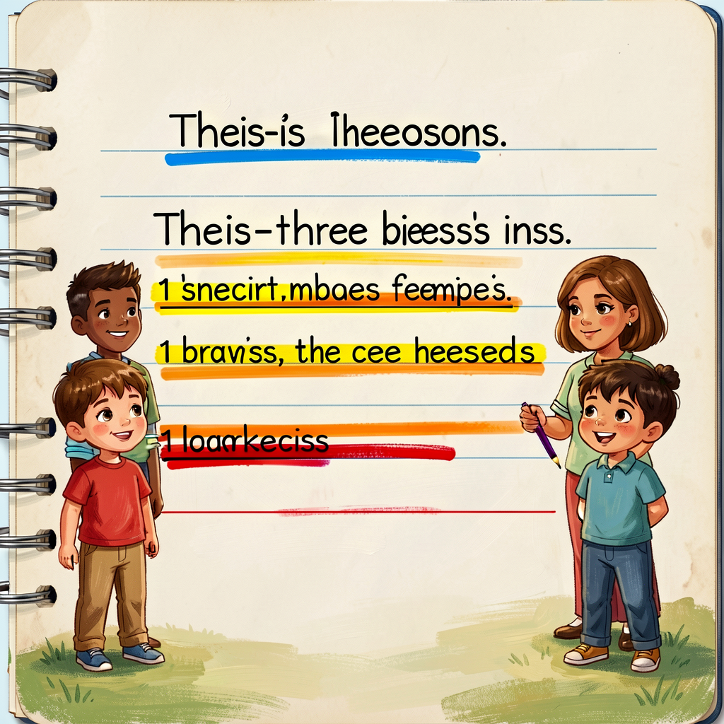 Reference image of a Grade-5 child's handwritten thesis-with-three-reasons sentence with position underlined blue and th