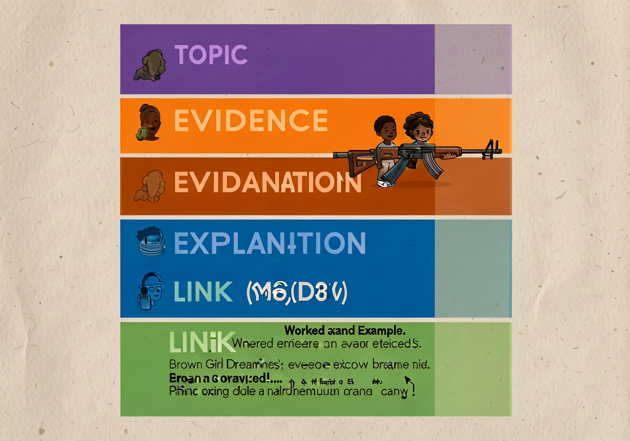 Reproduction of MG-3 at 11x17: 4-band stacked card (TOPIC purple / EVIDENCE orange / EXPLANATION blue / LINK green) with