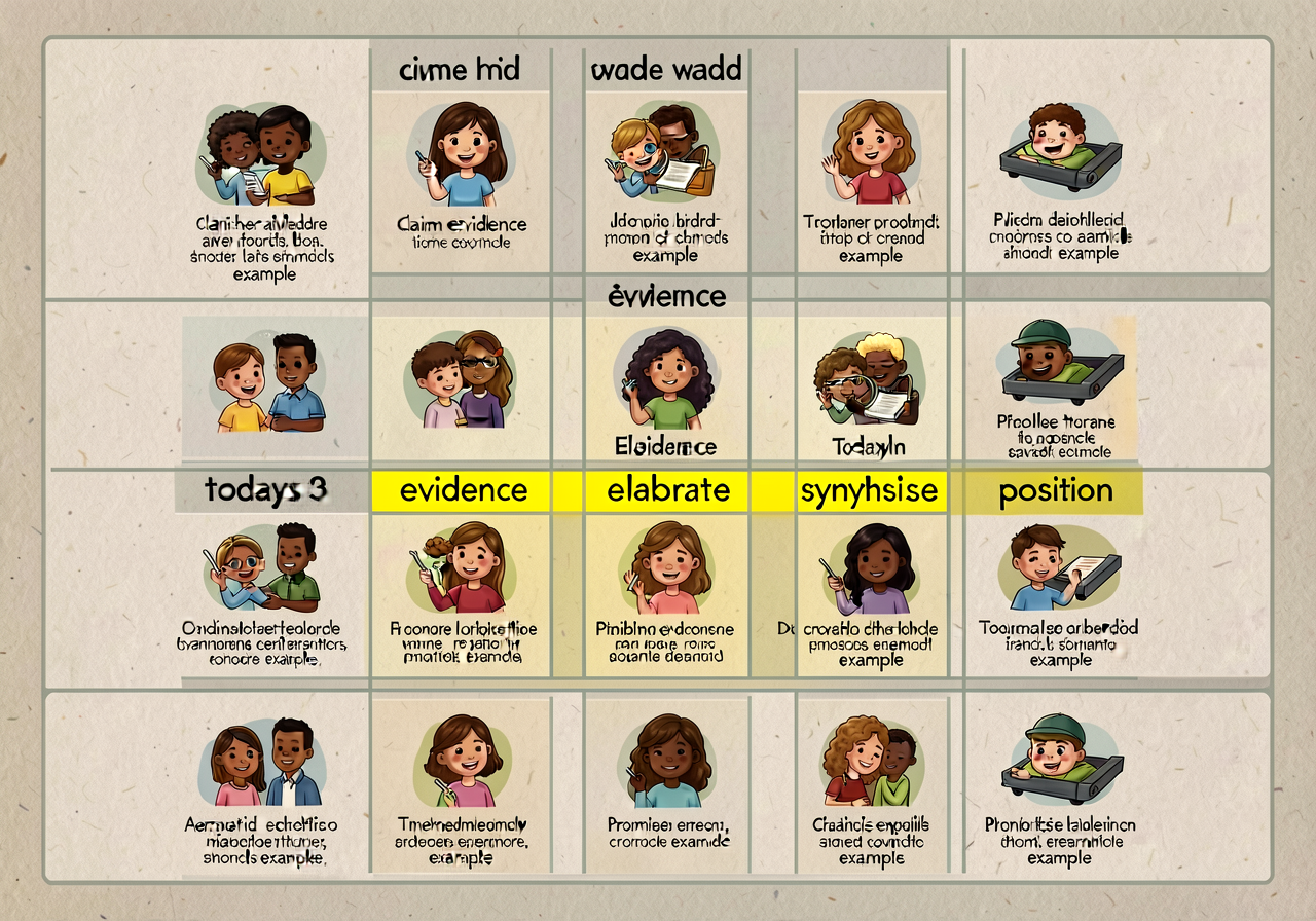 Reproduction of MG-26 at 11x17 showing all 15 Set 11 words in a grid; today's 5 (claim, evidence, elaborate, synthesize,