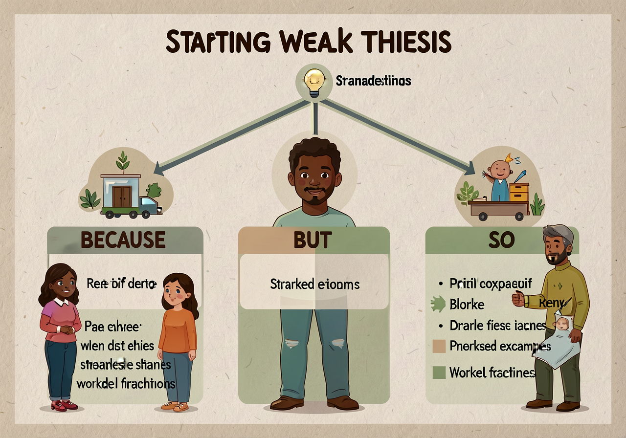 11x17 chart: starting weak thesis at top, three branches showing BECAUSE / BUT / SO stretches with worked examples. Dysl