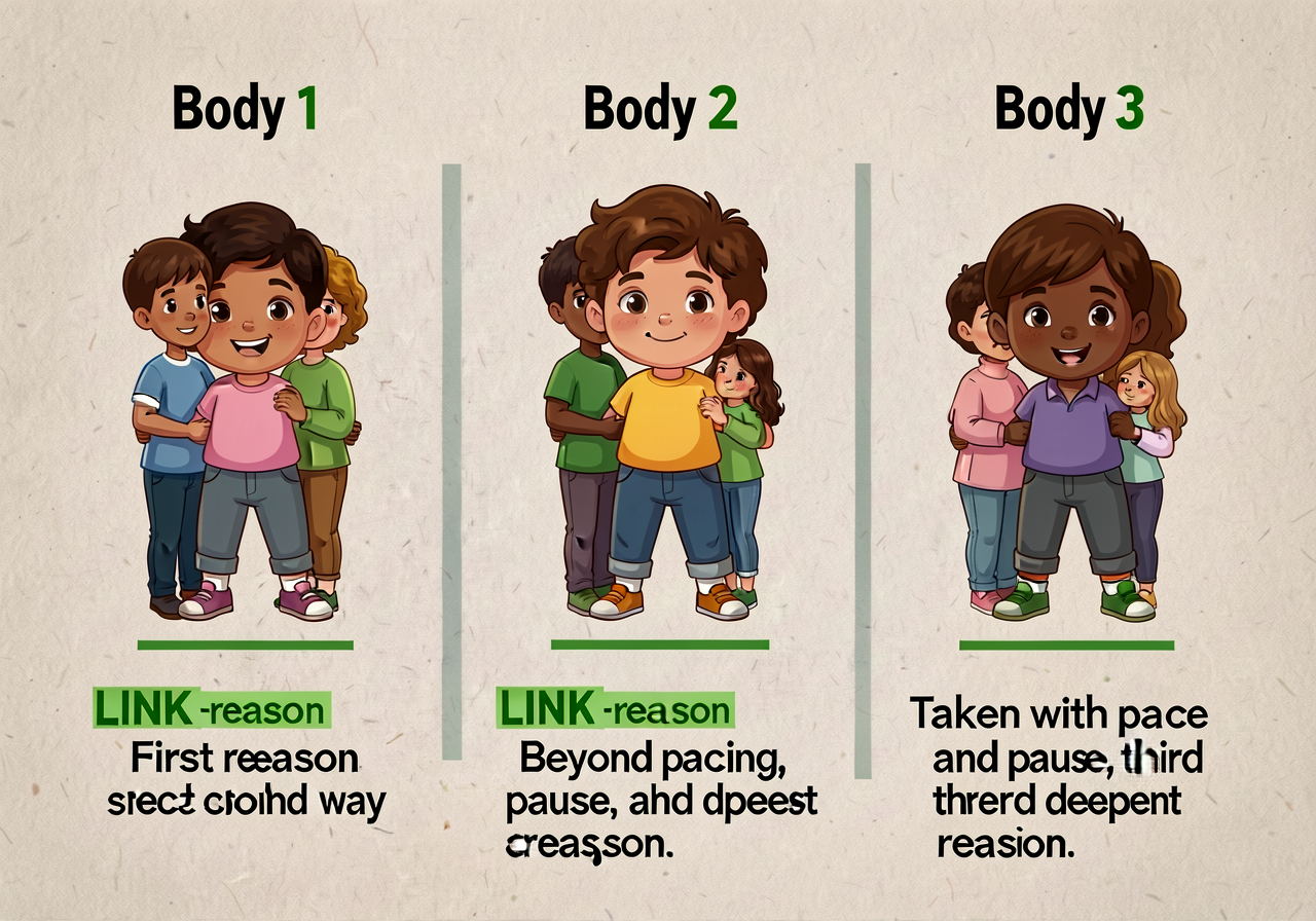 11x17 chart: three body paragraphs labeled Body 1, 2, 3 with LINK sentences highlighted green. Below each body, the LINK