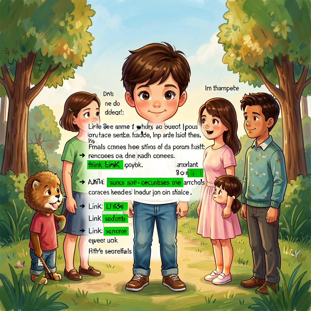 Reference image of a Grade-5 child's handwritten three body paragraphs with LINK sentences highlighted green; each LINK 