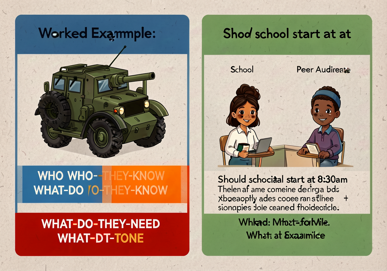 Reproduction of MG-7 at 11x17: 4-question card (WHO blue / WHAT-DO-THEY-KNOW orange / WHAT-DO-THEY-NEED red / WHAT-TONE 