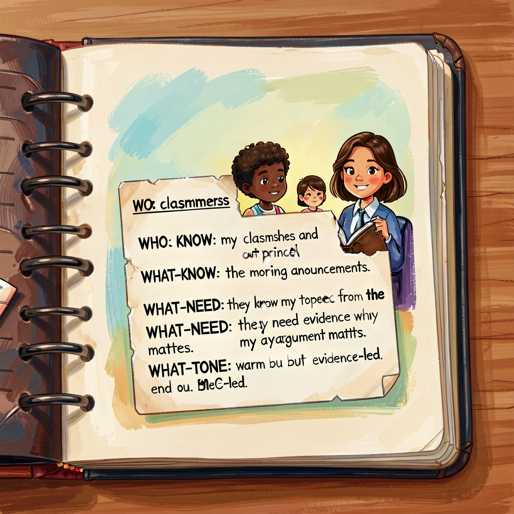 Reference image of a Grade-5 child's MG-7 card filled by hand: 'WHO: my classmates and our school principal. WHAT-KNOW: 