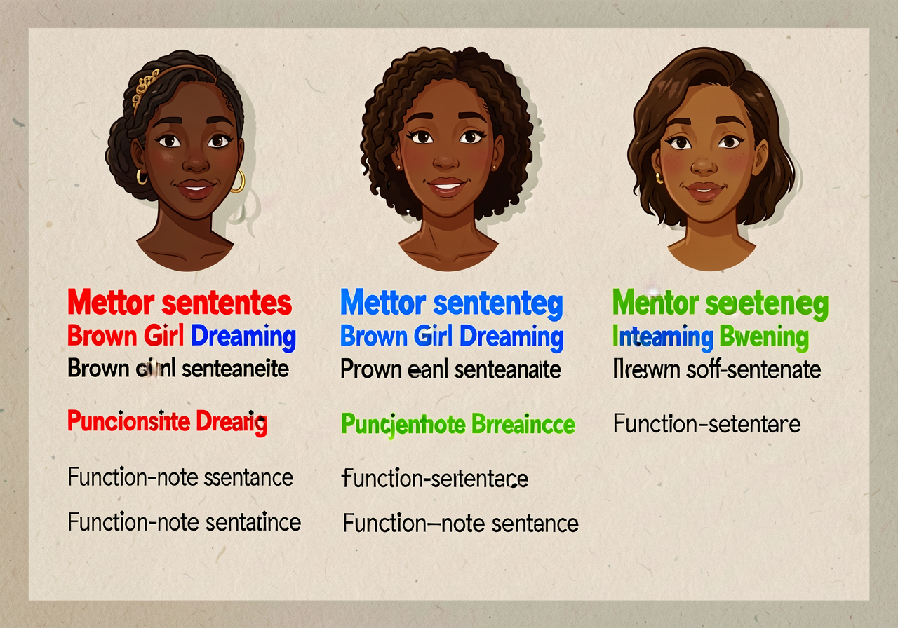 11x17 chart: 3 mentor sentences from Brown Girl Dreaming with conjunctions highlighted red, prepositions blue, interject