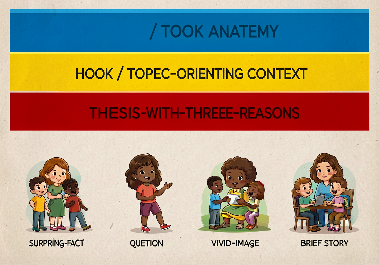 11x17 chart: introduction anatomy showing HOOK / TOPIC-ORIENTING CONTEXT / THESIS-WITH-THREE-REASONS in stacked color ba