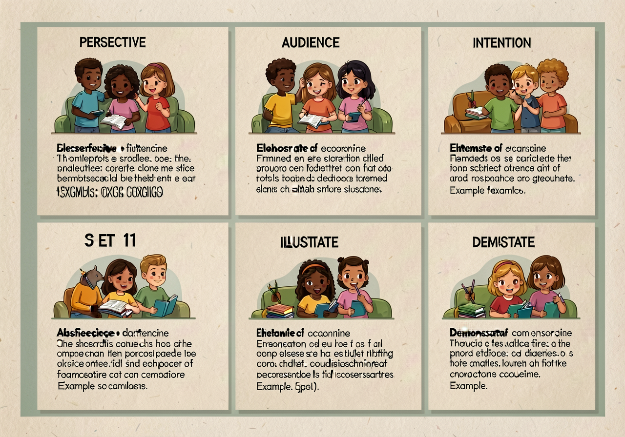 11x17 anchor showing 5 Set 11 words (perspective, audience, intention, illustrate, demonstrate) in a grid; each cell wit