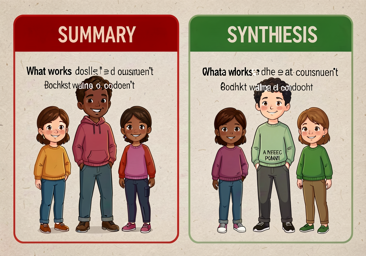 11x17 chart: two-column comparison SUMMARY (left, red label) vs. SYNTHESIS (right, green label) with same-topic conclusi