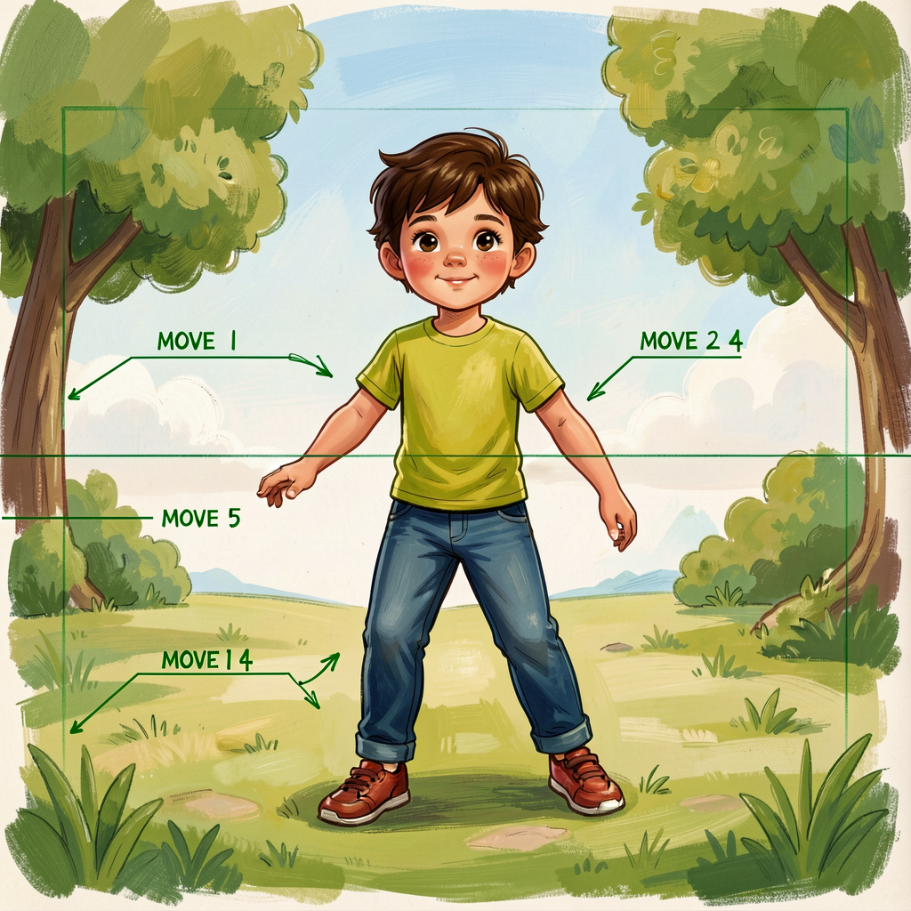 Reference image of a Grade-5 child's draft with green-pencil margin annotations showing MOVE 1 / MOVE 2 / MOVE 4 / MOVE 