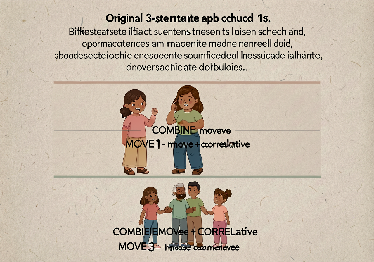 11x17 chart: original 3-sentence chunk top, COMBINE move middle, COMBINE + CORRELATIVE move bottom. Each annotated with 