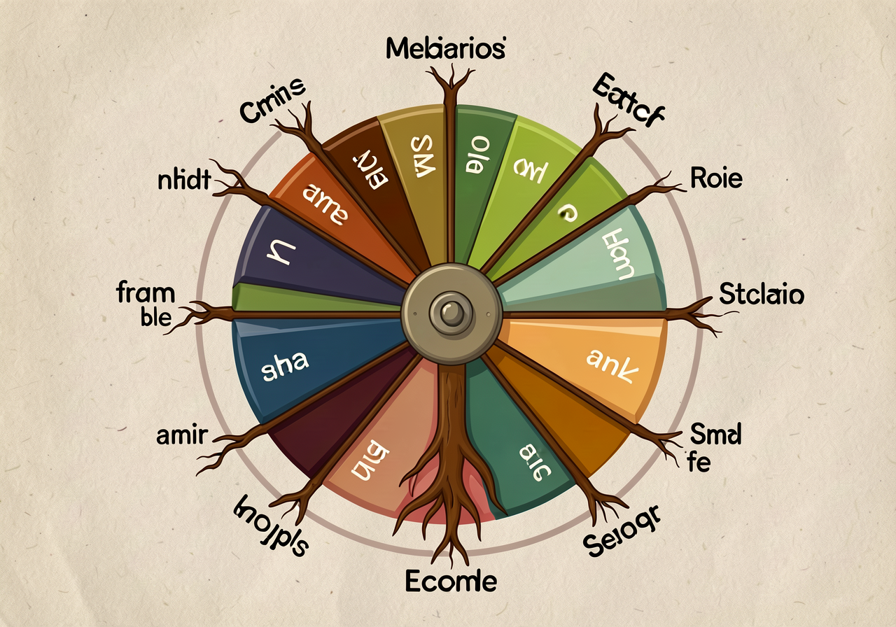 Reproduction of MG-20 at 18x24: 12-wedge wheel with all 12 roots and 3 example words each. Print-ready, dyslexic-friendl