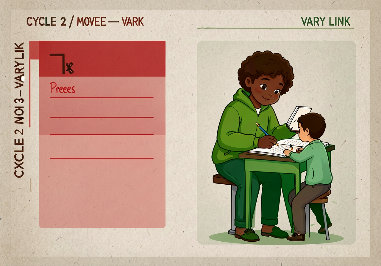 11x17 chart showing peer note in red on left, writer action in green on right. Annotation 'CYCLE 2 / MOVE 3 — VARY LINK'