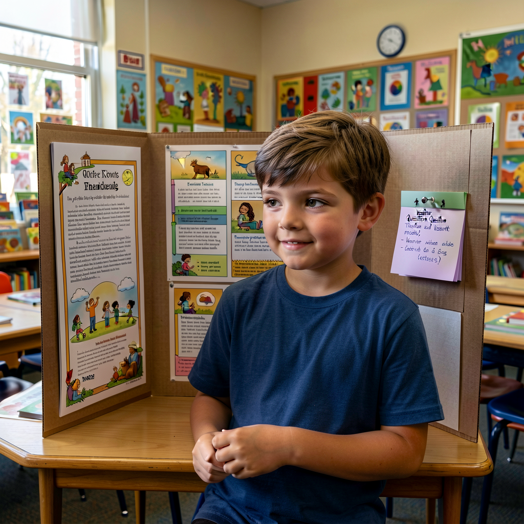 Photo of a Grade-5 child at a tri-fold display board with published essay booklet on left, evidence panel in middle, and