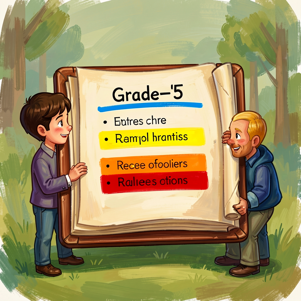 Reference image of a Grade-5 thesis with position underlined blue and three reasons in yellow/orange/red. Print-ready 8.