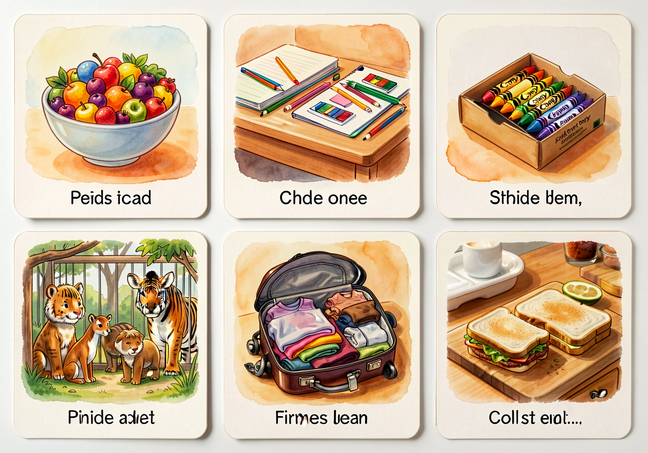 Six 8x10 photo cards each showing a collection that prompts a list. (1) bowl of mixed fruit, (2) school supplies on a de