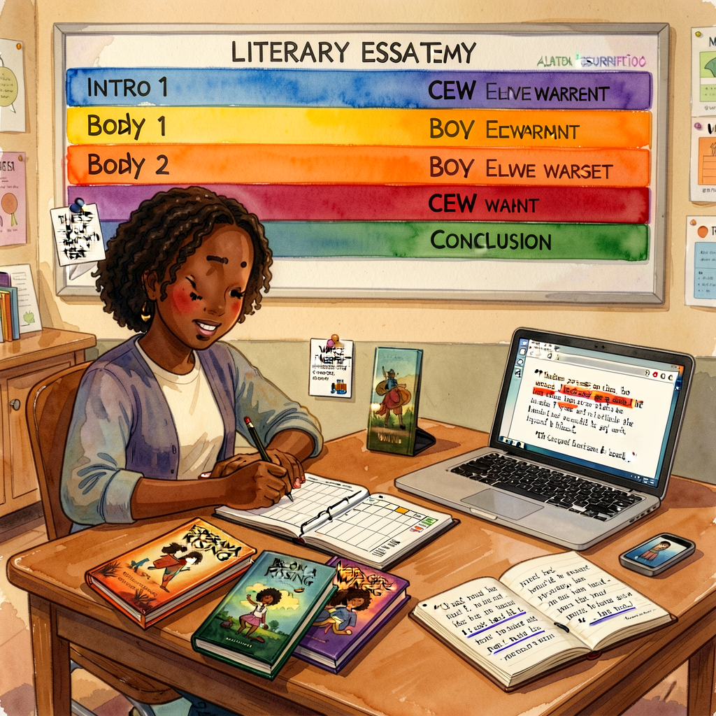 Unit-opener: a Grade-5 literary essayist at a workshop table with a literary-essay planner open, a thesis-about-text car