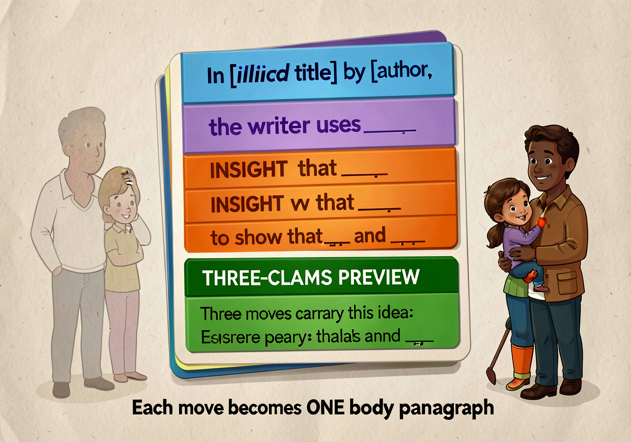 Thesis-about-text anchor: a stacked card showing three slots. TEXT (blue, top): 'In [italicized title] by [author].' POS