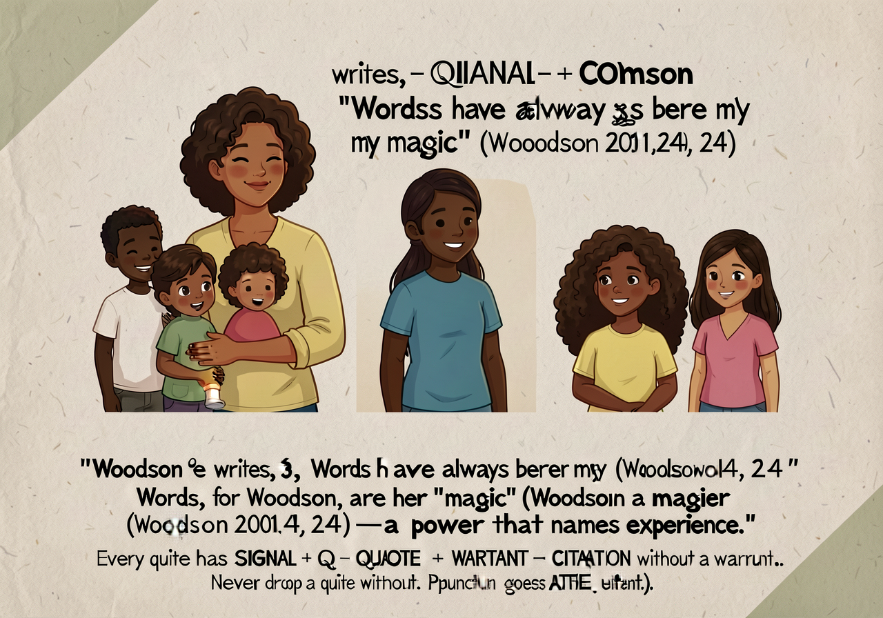 Embedded-quotation anchor: 3 valid embedding patterns shown. PATTERN 1 — SIGNAL PHRASE + COMMA + QUOTE: 'Woodson writes,