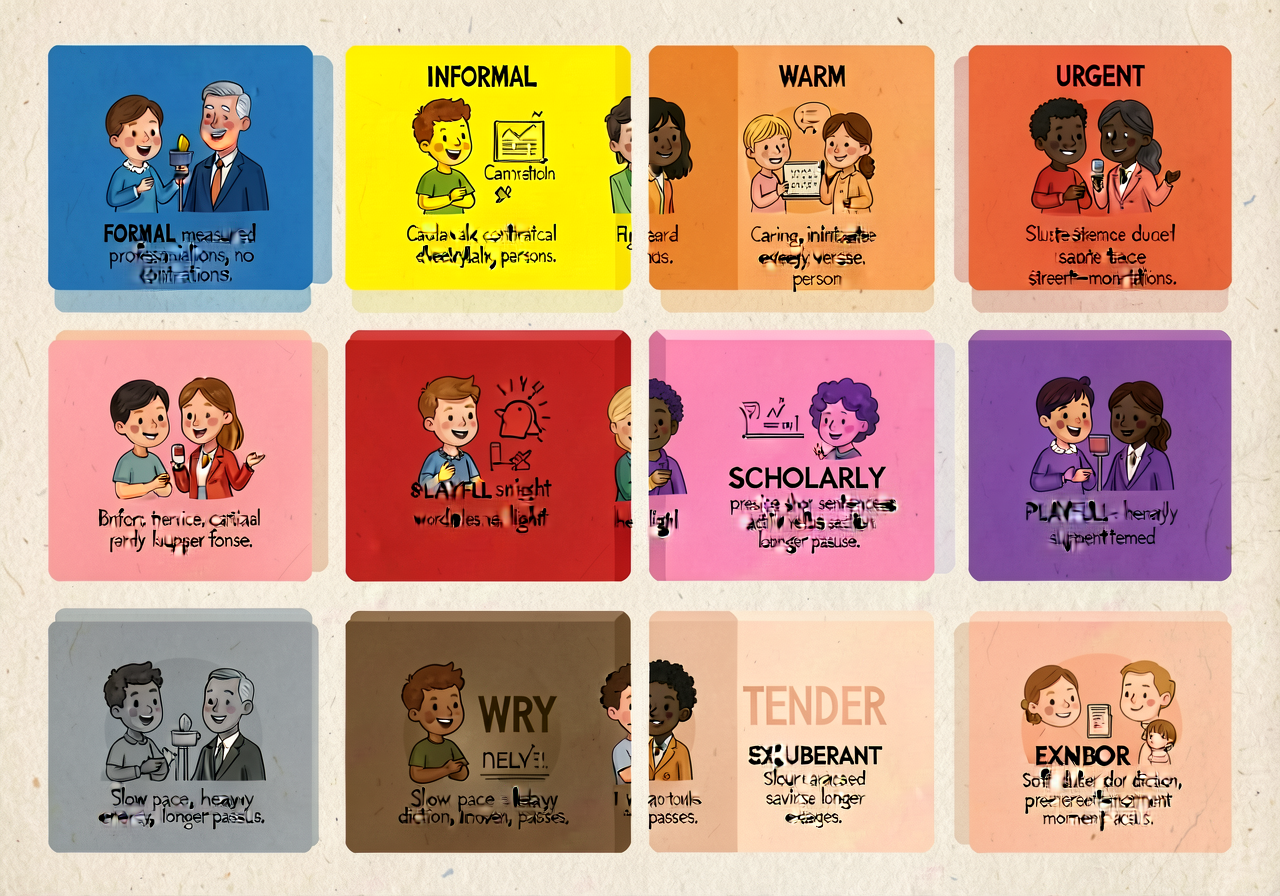 Tone-words bank anchor: 10-card grid. FORMAL (blue) — measured, professional, no contractions. INFORMAL (yellow) — casua