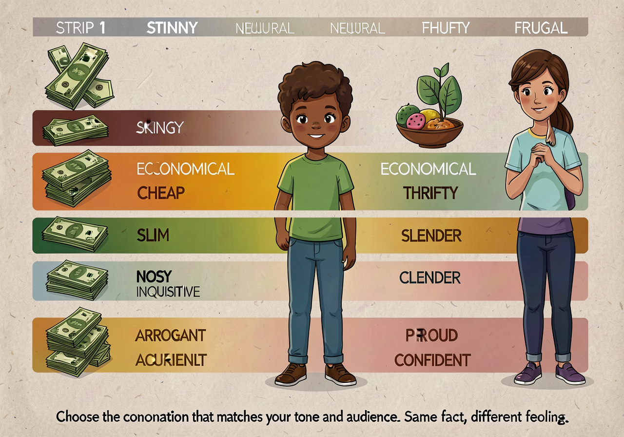 Connotation/denotation gradient anchor: 4 word-gradient strips shown. STRIP 1 — money/spending: STINGY (negative) - CHEA