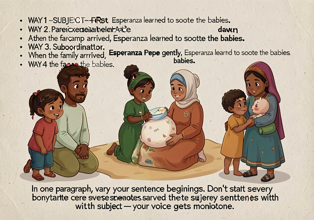 Sentence-beginning variety anchor (L.5.3.a deepened): 4 ways to start a sentence with worked rewrites. WAY 1 — SUBJECT-F