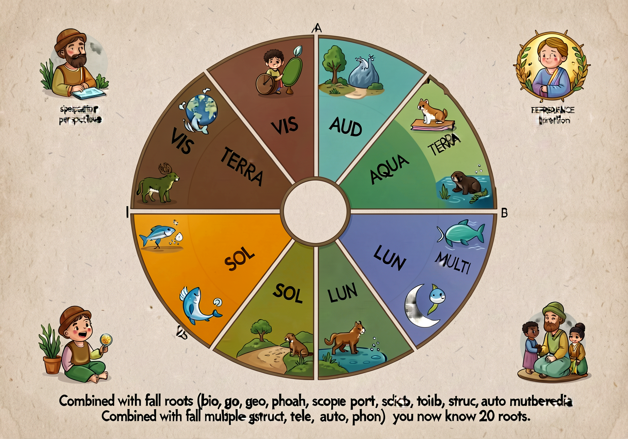 Greek/Latin roots extension wheel (8 new roots, building on G5-fall's 12): wheel with 8 wedges. SPEC (Latin = look — spe