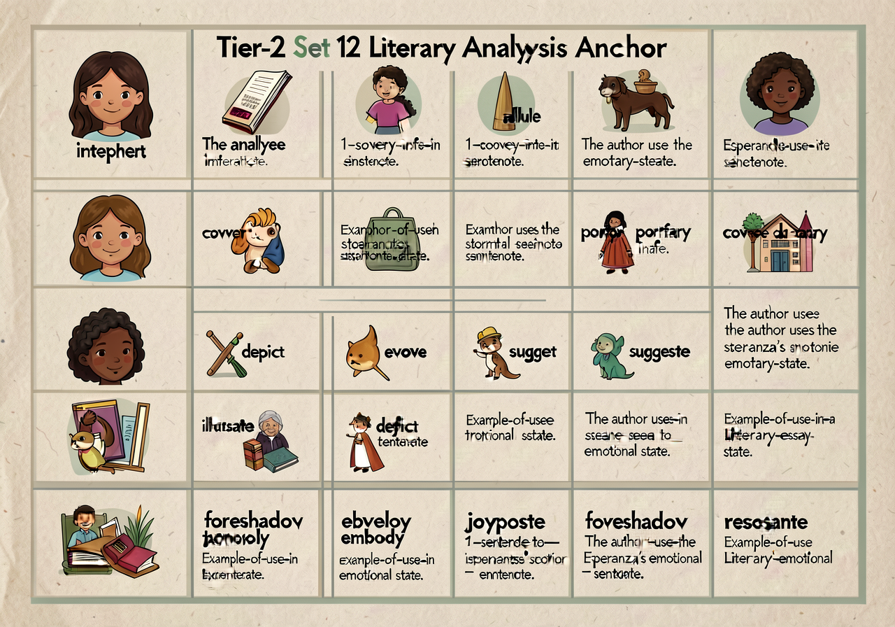 Tier-2 Set 12 literary-analysis anchor: 15-word grid showing interpret, analyze, infer, allude, convey, depict, portray,